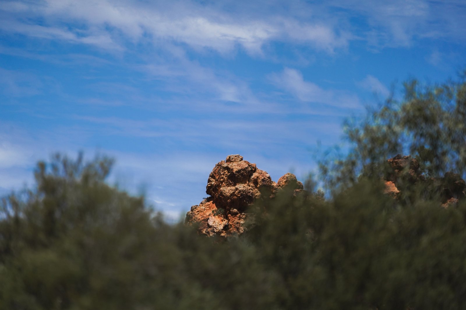 Rocky outcrop with gum trees against a blue sky.