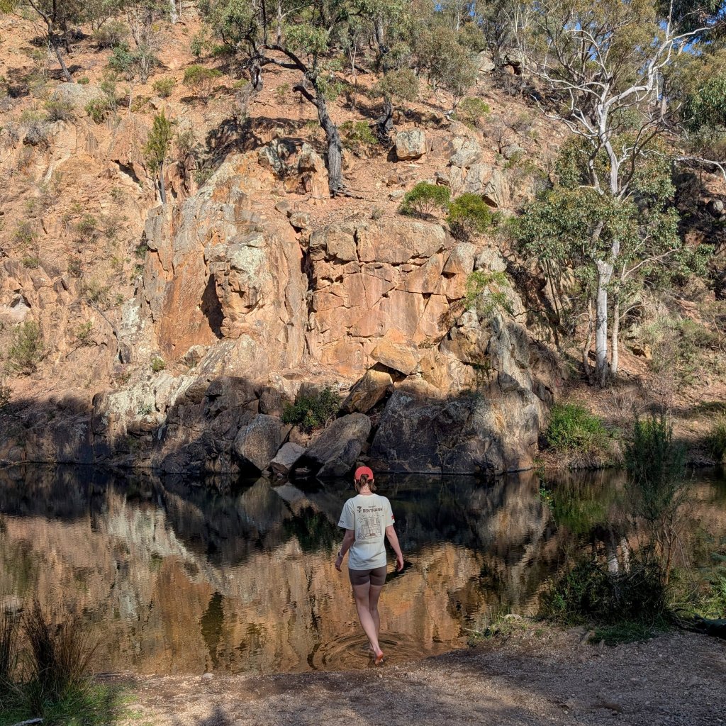 Person standing near a river in a dry, rocky gorge area with eucalypt trees.