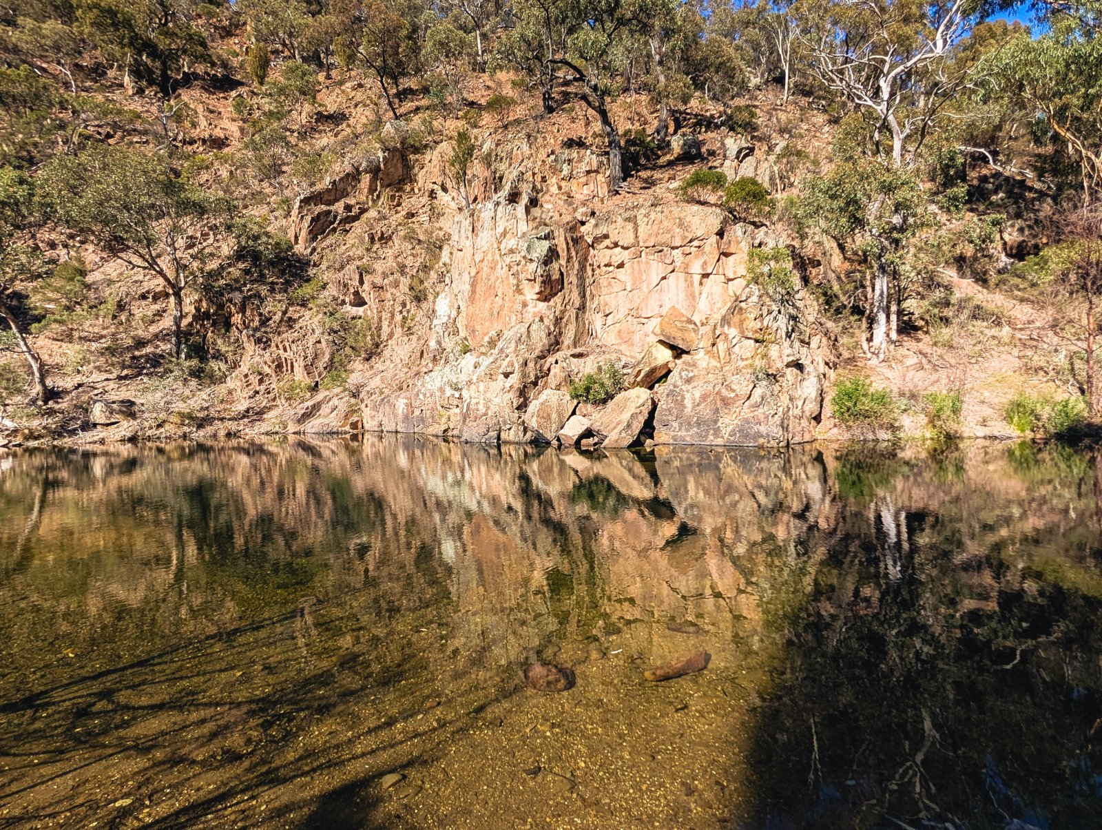 Water reflection over rocky bank in a gorge area.