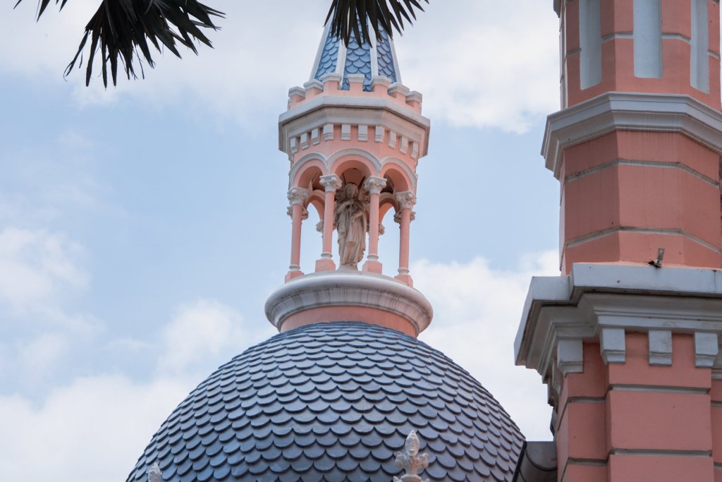 Dome and spire of a building with pink walls and blue roof under palm fronds.