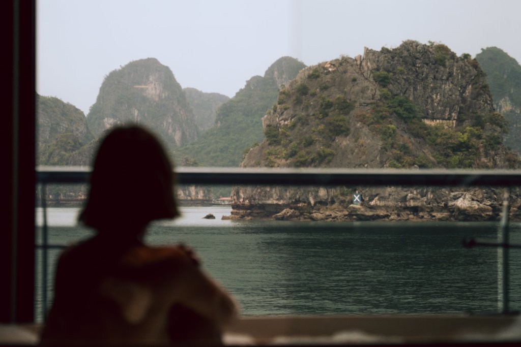 View of karst islands and water from a viewpoint.