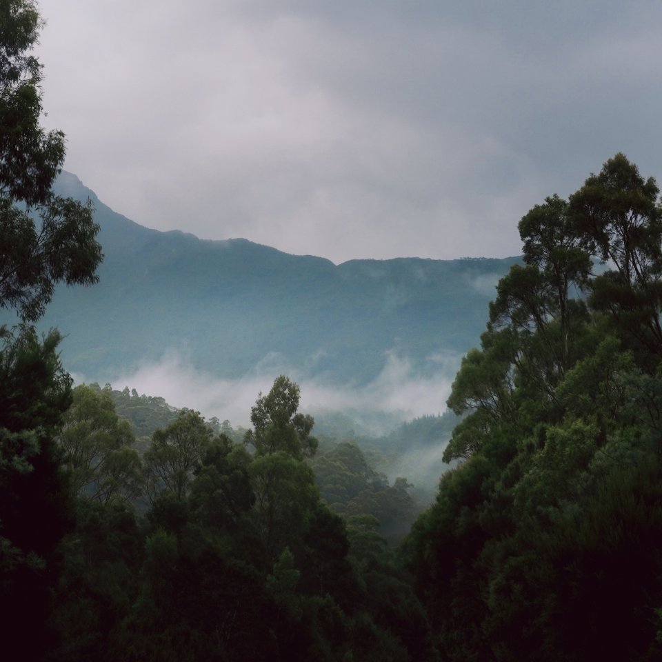 Mist rising from a lush green valley between forested hills under a soft, overcast sky.