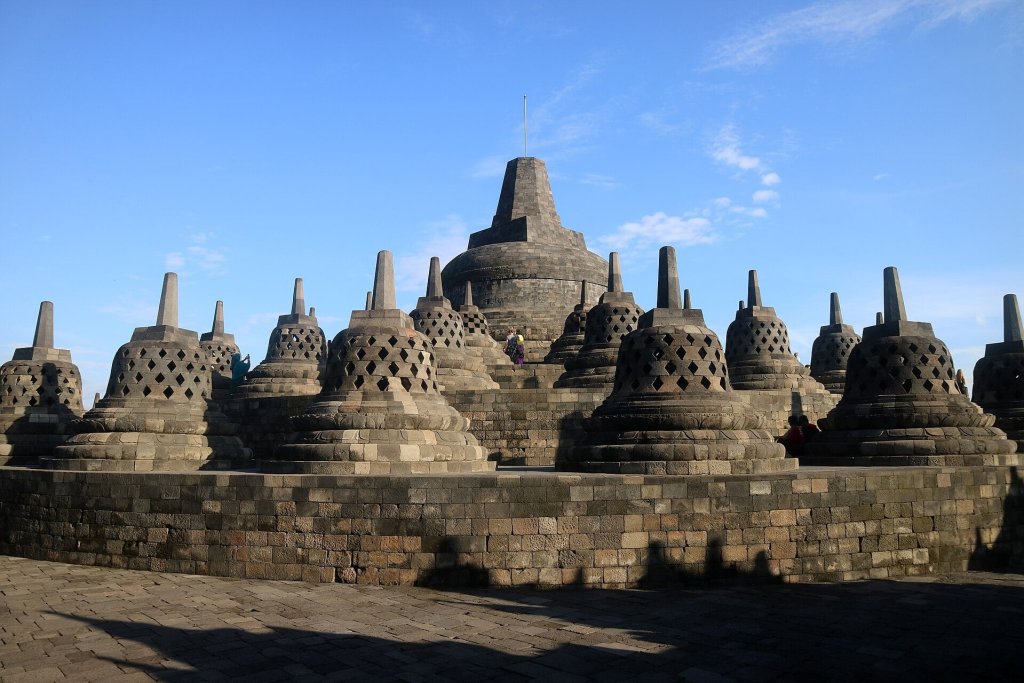 Rows of stone stupas on the upper terrace of Borobudur in Central Java.