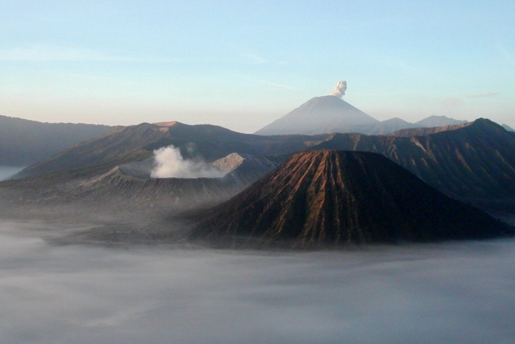 Cloud and mist around Mount Bromo and Semeru at sunrise in East Java.