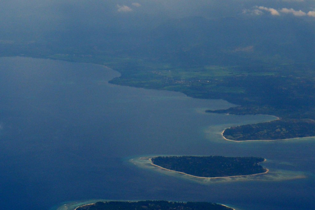 View across the Gili Islands toward Mount Rinjani on Lombok.