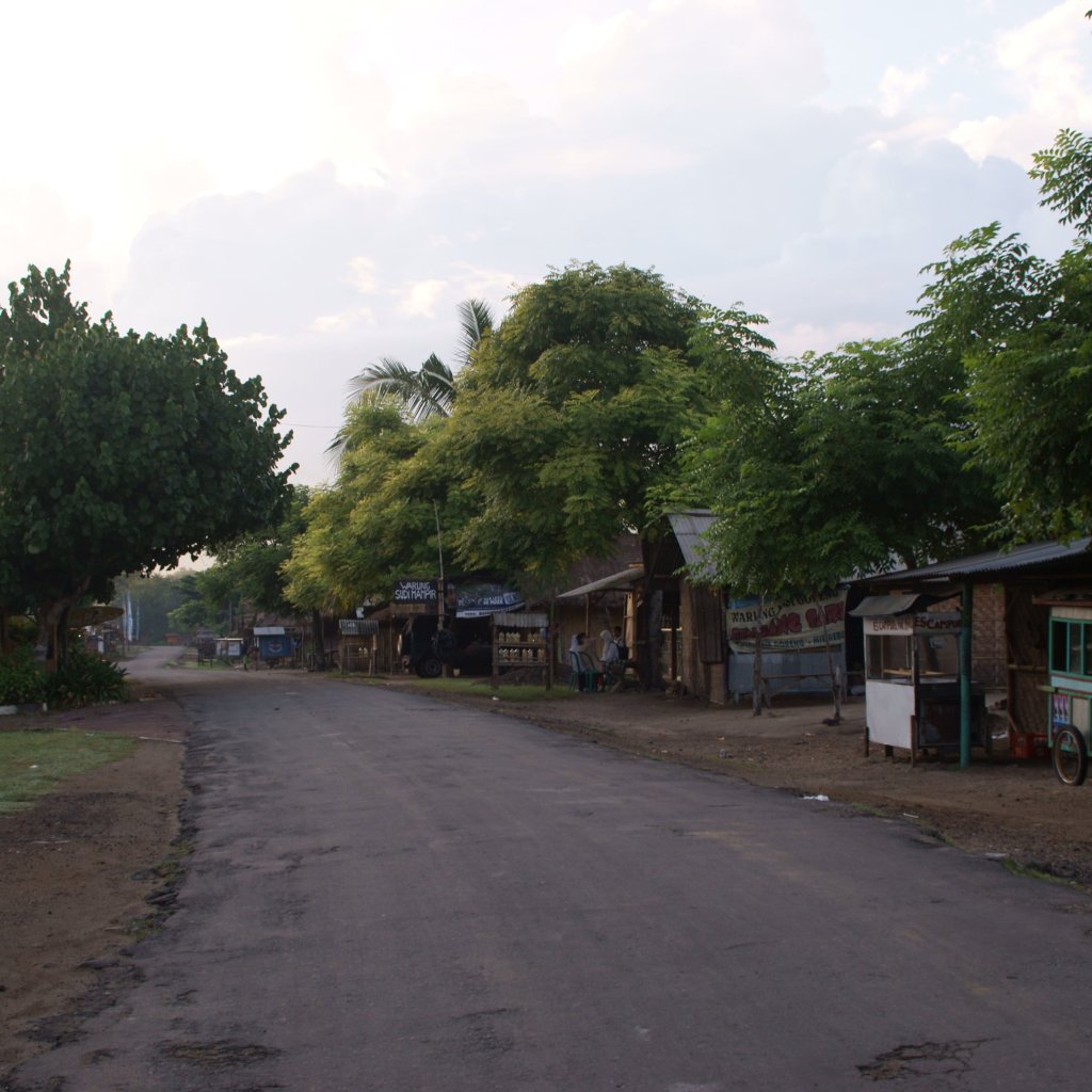 Main street in Kuta Lombok with local shops and greenery.
