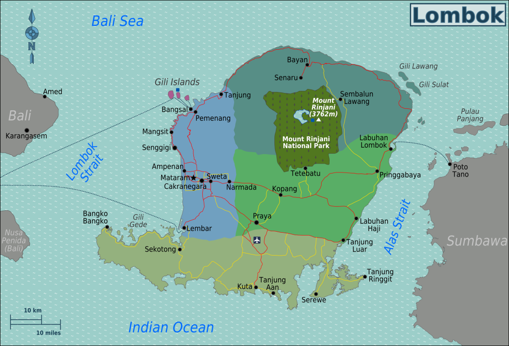 Map of Lombok showing the island&rsquo;s main travel regions.