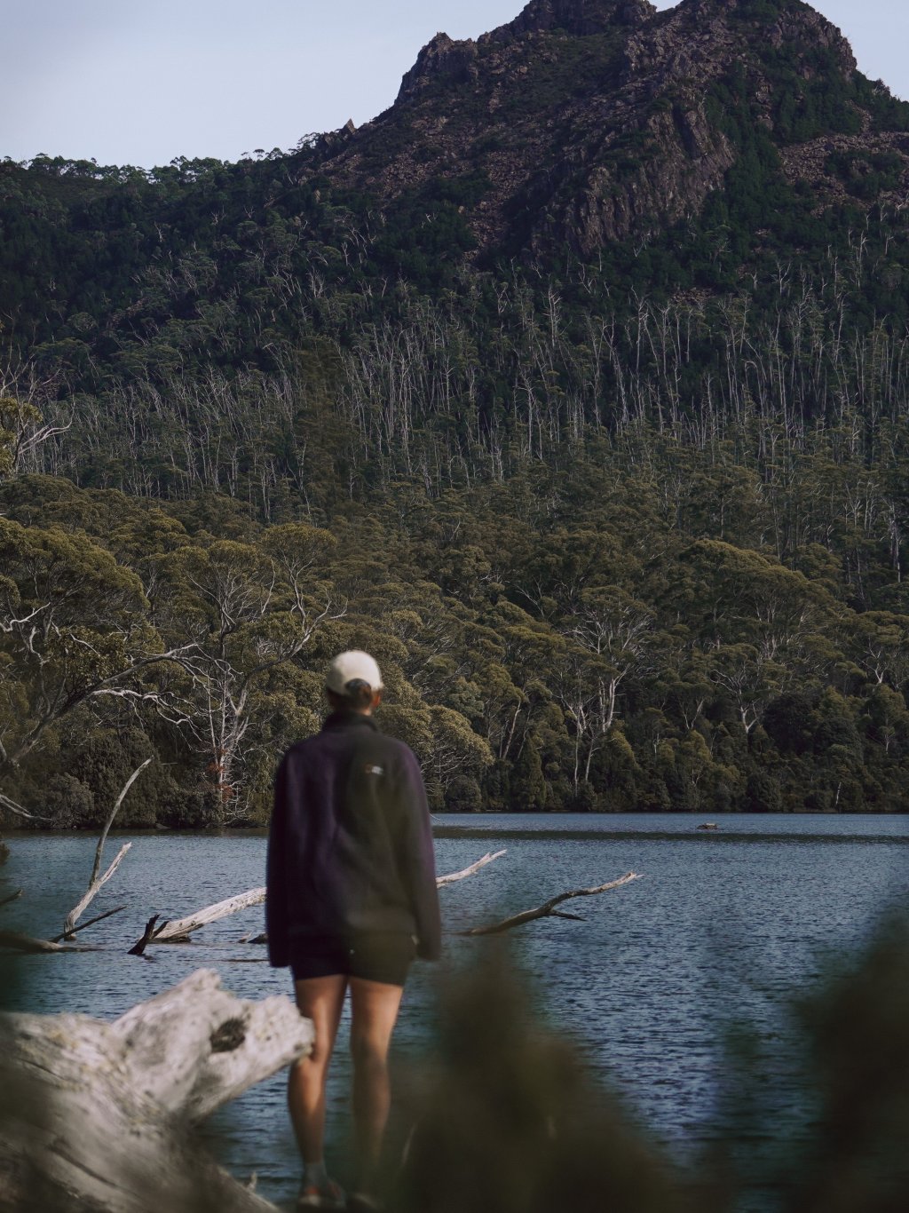 Hannah looking across the calm lake toward the forested mountains on one of Tassie's 60 Great Short Walks.